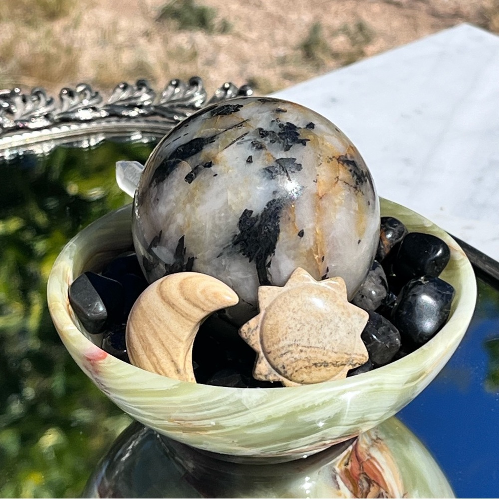 Tourmaline Quartz Sphere Picture Jasper Moon & Star Yooperlite Carved Wolf Head